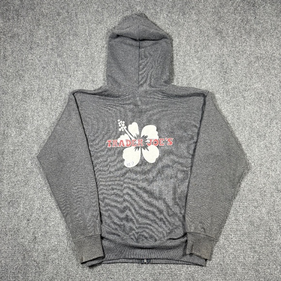 Trader Joes Hoodie Small Gray Full Zip Sweatshirt Floral Back Logo 0300 - Picture 1 of 10
